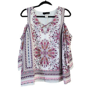 JNJ Womens Pullover Blouse Size S White Pink Cold Shoulder V-Neck Lined